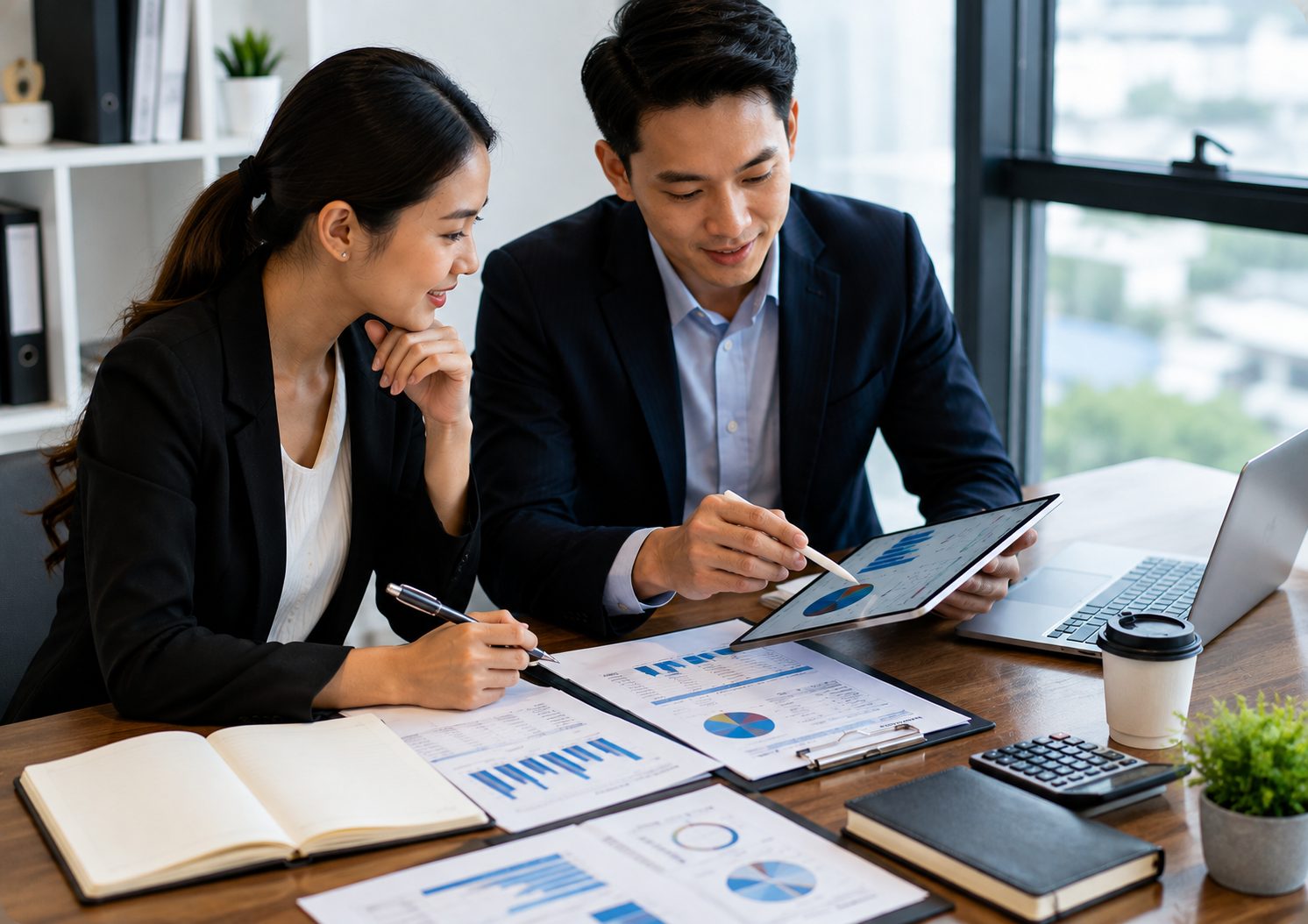 A business team reviewing financial reports and performance charts together